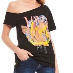 Guess Black Off-Shoulder Tee with Colorful Graphic